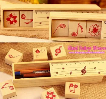 

( 4sets/lot ) wooden box note stamp set , Creative Note Stamp wood pencil box wood ruler set