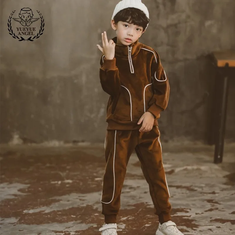 

2019 Autumn Winter Casual Boys Sets Student Long Sleeve Gold Velvet Sweater+Sports Trousers Two Piece Set Boy Pullover Top Baby