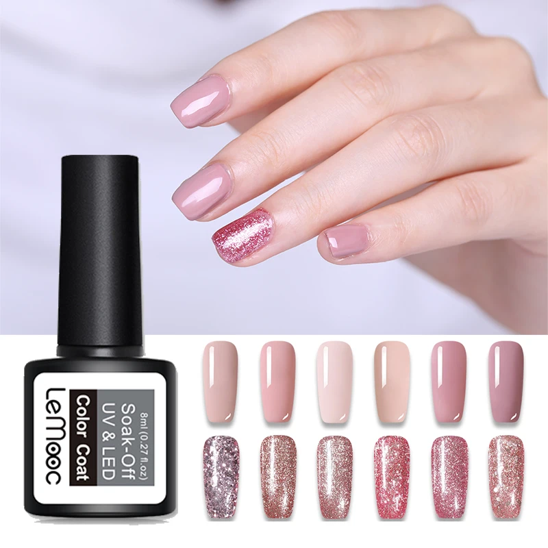 

LEMOOC 8ml Gel Set Nail Polish Rose Gold Holographic Glitter Pure Pink Color Gel Nail Varnish Manicure Nail Art Soak Off Gel