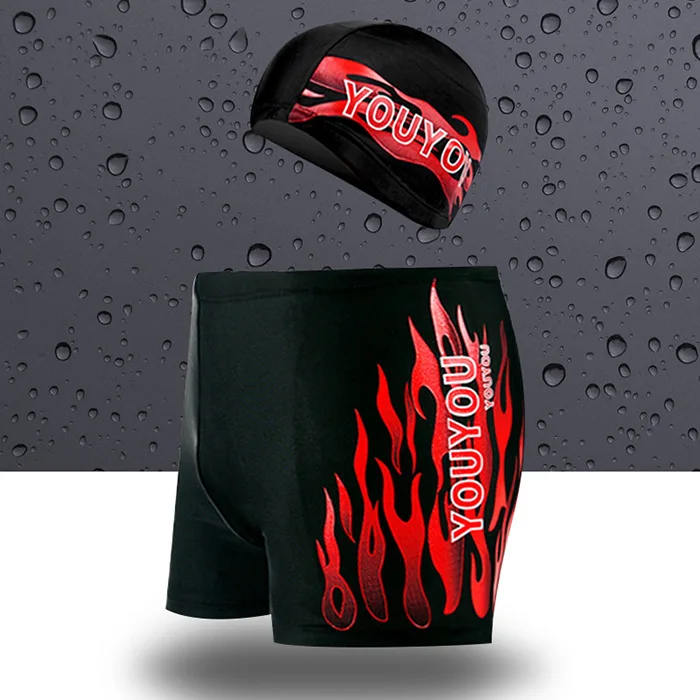 Men swimming trunk stright angle red blue white flame give swim cap two