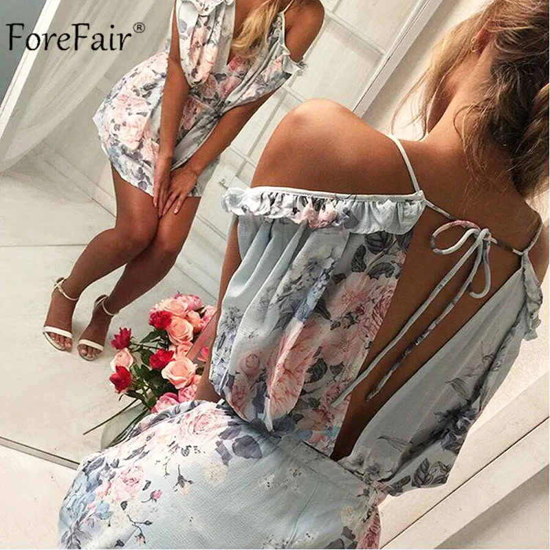 ForeFair, летний сексуальный комбинезон с v-образным вырезом, с открытыми плечами, с оборками, открытая спина, женский комбинезон, свободный, Повседневный, шнуровка, Цветочный, короткий комбинезон