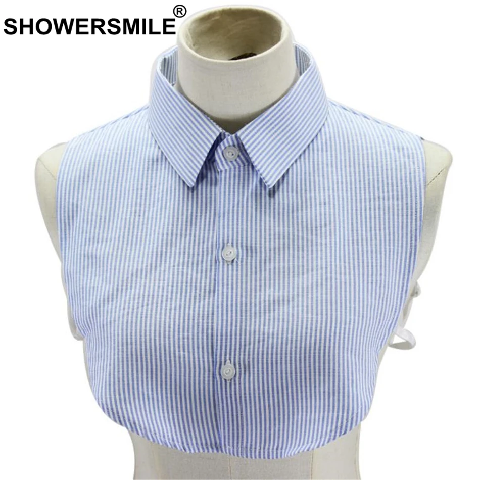 

SHOWERSMILE Fake Collar Shirt Women Blue White Striped Female Detachable Collar Cotton Ladies Lapel Fake False Collar