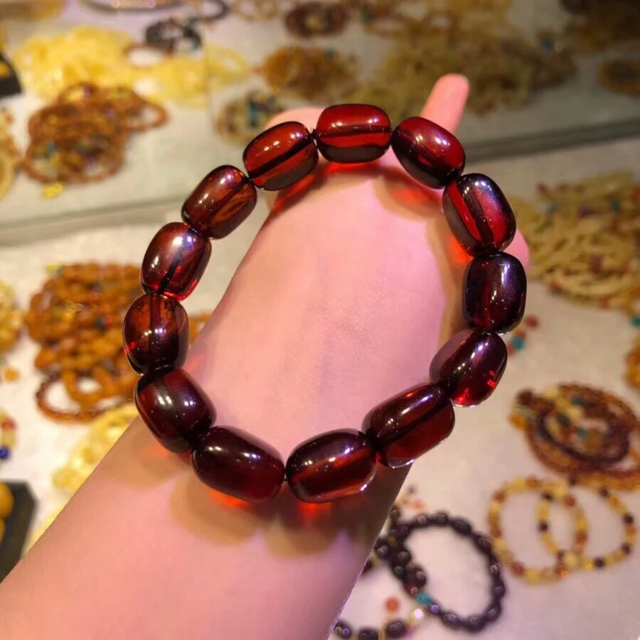 Genuine Natural Blood Red Amber Gemstone Crystal Barrel Beads Fine Jewelry Women Lady Stretch Bracelet 17x12mm AAAAA (3)