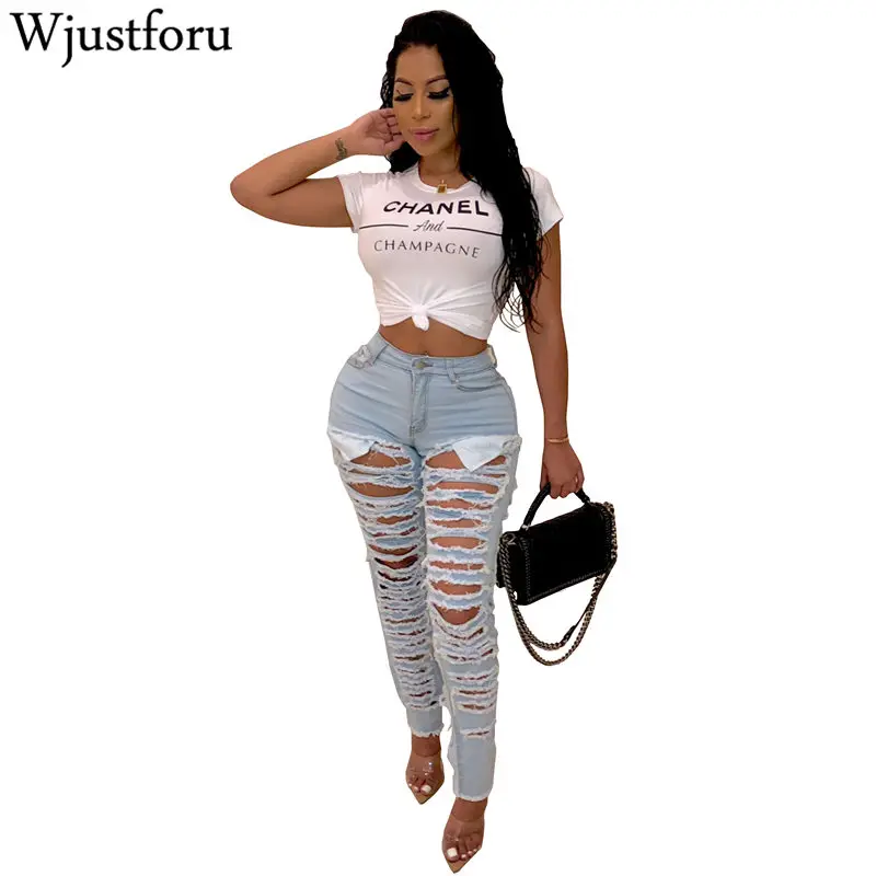 

Wjustforu Fashion Ripped Jeans Pants Women Sexy Bodycon Hole Denim Pencil Pants Female Summer Casual Club Long Pants Vestidos