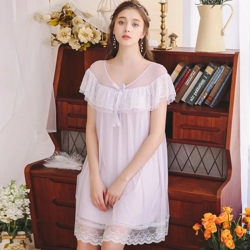 2019 Vintage Summer Sleepwear Elegant Lace Ruffed Short Sleeve 