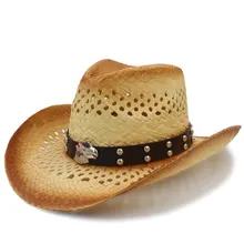 Модная Мужская Западная ковбойская шляпа с Орлиной лентой ручной работы плетеная Солома Пляжная Солнцезащитная шляпа размер 58 см
