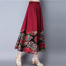 Женская, в национальном стиле, юбочки для Демисезонный хлопковые льняные юбки зимняя средней длины большие качели юбка с цветочным рисунком в стиле ретро Для женщин V794