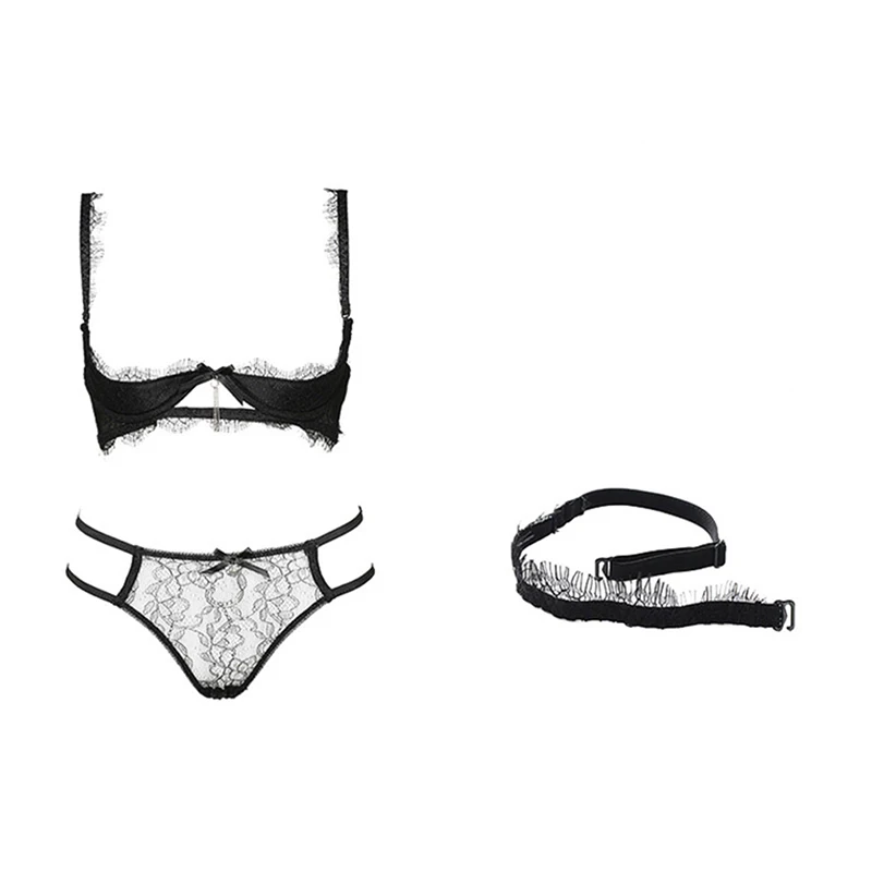 CYHWR Luxury Sexy Open Bow Lace Soild Pattern Lash Underwear Bra & Brief Set for Women+Breast Petals