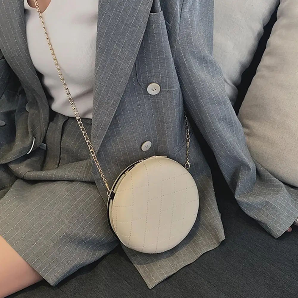 

Vintage Solid Color Grid Women Bag Round Leather Zipper Crossbody Shoulder Bag