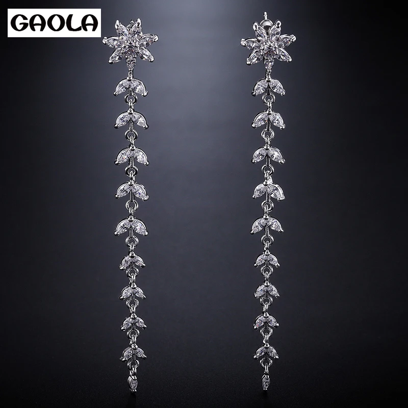 

GAOLA New Long Leaves Oval CZ Dangle Earrings For Women Hollow Crystal Zirconia Wedding Jewelry GLE8043