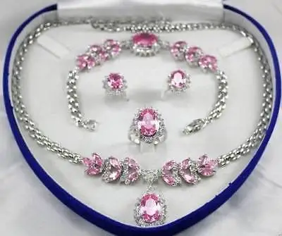 Bridal Jewellery Women's Set Pink Crystal Necklace Earring Bracelet Ring >>18K GP Plated gold Bridal wide watch wings queen JEWE