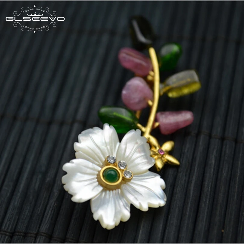 

GLSEEVO Natural Colorful Tourmaline Brooch Pin Mother Of Pearl Flower Brooches For Women Dual Use Luxury Fine Jewelry GO0142