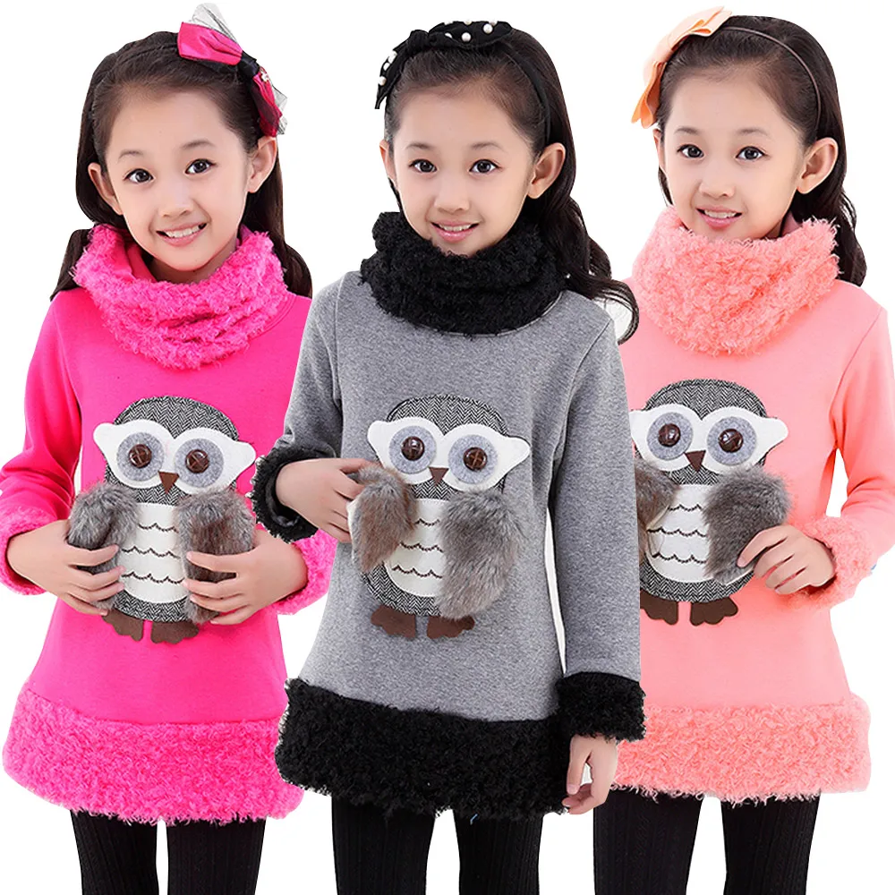 

Autumn 2017 Teenage T-shirts Sweater Children's Owl Monsoon Girls T shirt Neckerchief Baby Clothing Winter Plus Velvet Warm Cold