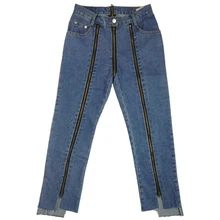 Женские джинсы с боковой молнией сзади, женские весенние хлопковые темно-синие однотонные прямые джинсовые штаны длиной до щиколотки, женские брюки с высоким разрезом