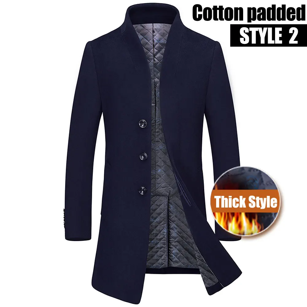 Новинка, утолщенное зимнее шерстяное пальто для мужчин, толстое шерстяное пальто для мужчин, Повседневная модная хлопковая стеганая куртка и пальто, длинные куртки, верхняя одежда - Цвет: Style2 Navy