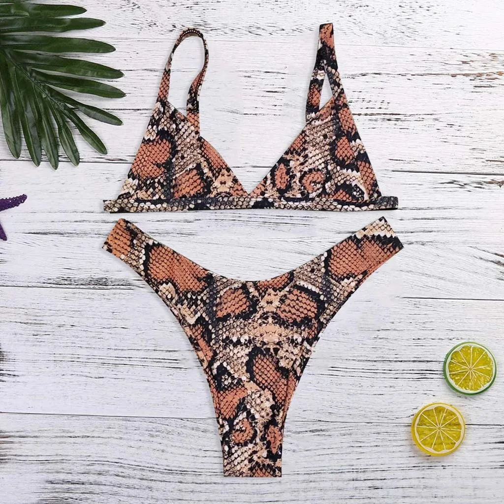

Snake Print Swimsuit 2019 New Arrival High Cut Tong Bandeau Sexy Bikini Set Women Swimwear High Cut Black Backless Bathing Suits