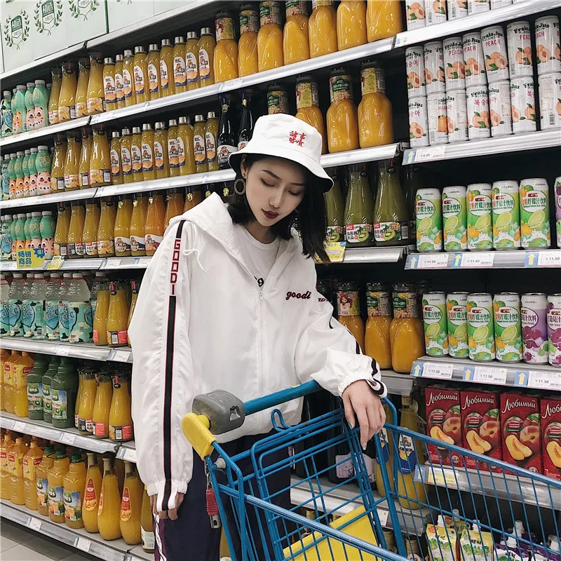 lower price  Basic Jackets Women Harajuku Couple Clothes Windproof Elastic Cuff Loose with Hat Zipper Summer Jac