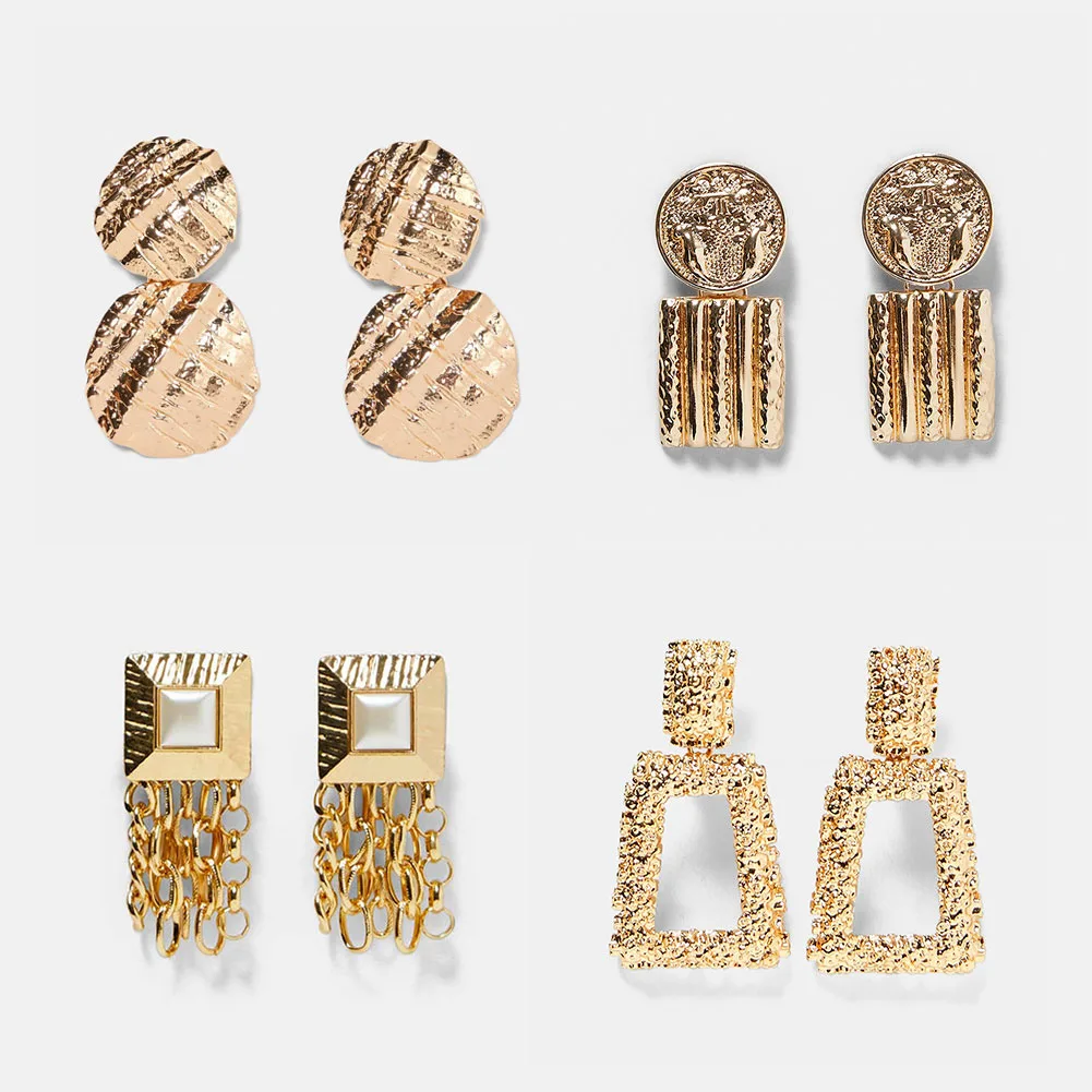 

JUST FEEL Za Retro Gold Color Dange Earrings Female Fashion Geometric Drop Earring For Women 2018 Alloy Statement Party Jewelry