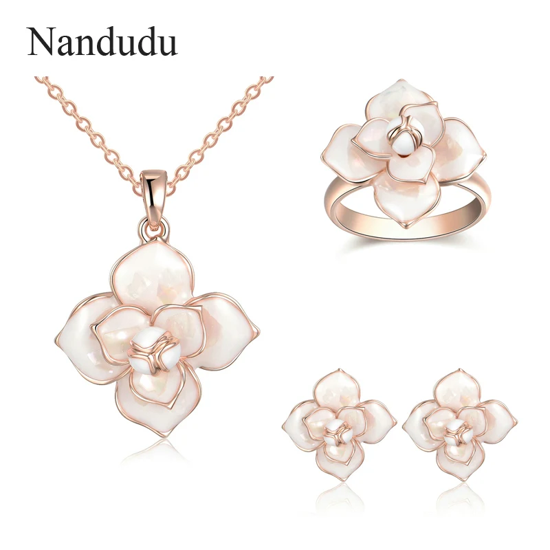 Nandudu Chic Fashion Flower Pendant Necklace Ring Earrings Jewelry Sets for Girl Lady Women Wedding Engagement Accessories