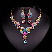 Moda Zafiro Rhinestone Nupcial Conjunto Joyería de La Boda Prom Party Accesorios de Oro Pendiente Del Collar Set Para Novias Mujeres