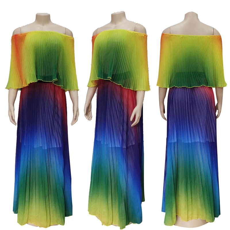 Rainbow Color Off-Shoulder Chiffon Summer Maxi Dress for Women - A-Line Floor-Length and Elegant image 4