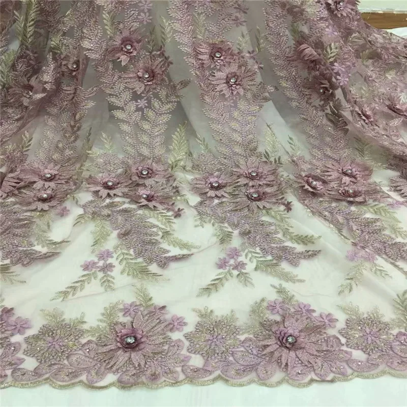 

HFX Pink French 3d Flower Nigerian Laces Fabrics Mesh Lace High Quality Lace African French Tulle Lace with Stones X1195-1