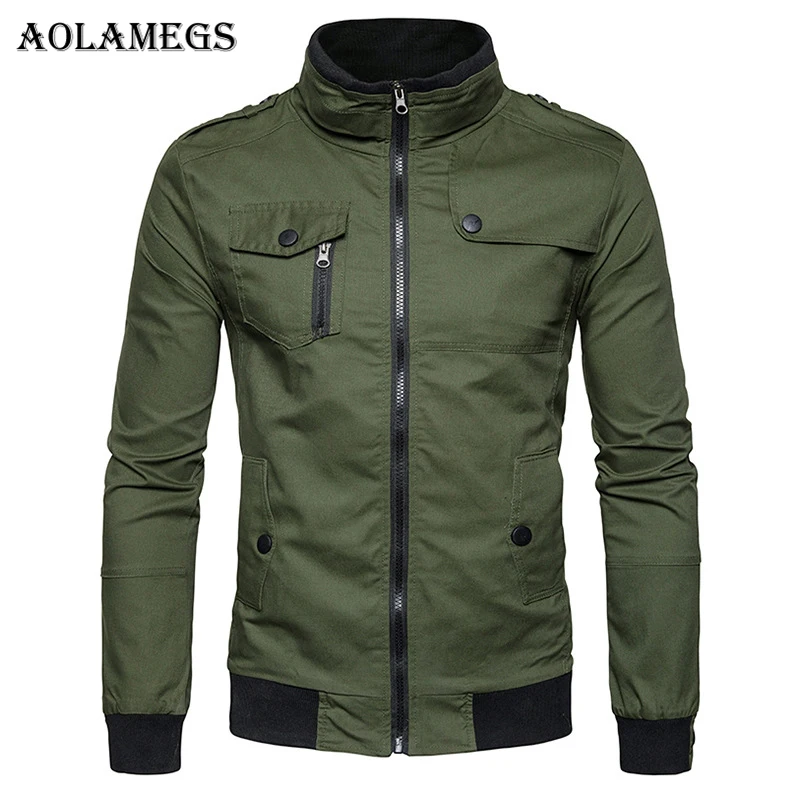 Aolamegs Jackets Men Solid Pocket Tactical Thin Jacket Tracksuit Zipper