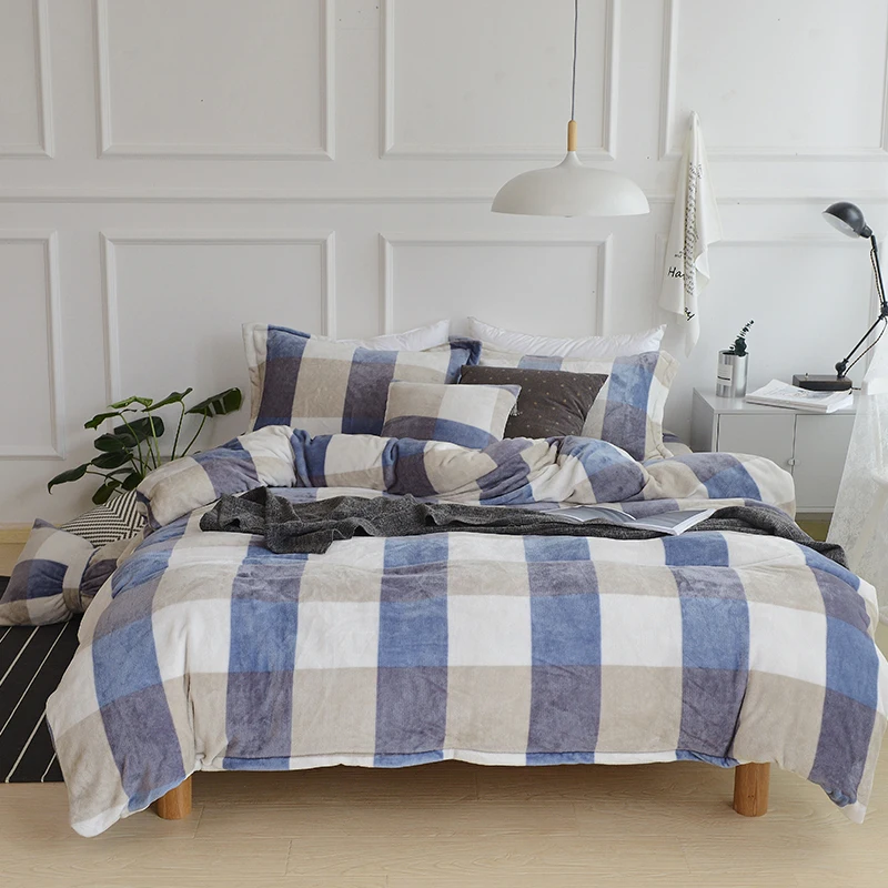 

Euclidean Grey Blue Plaid Velvet Mink Velvet Bedding Set Duvet Cover Set soft 4 Pcs Bed Sheet Pillowcases Textile Bed Queen Size