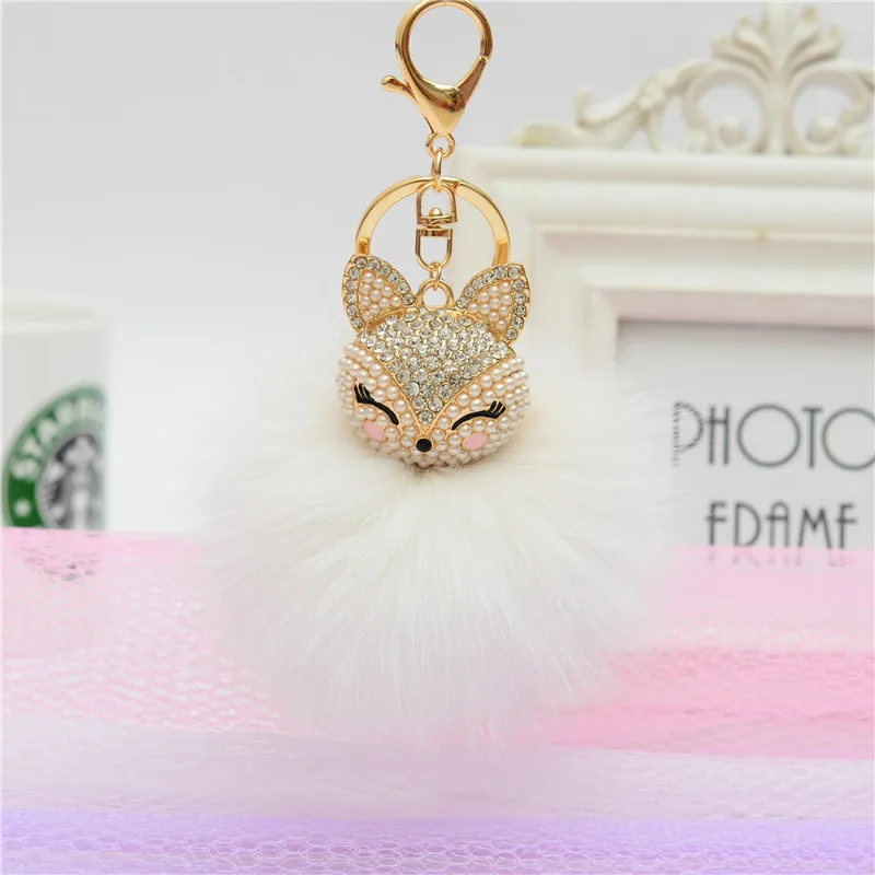 

Felyskep Fashion Rhinestone Real Fox Fur Pompom Ball Keychain with Alloy Cool Bag Gifts Key Ring For Women 017WA