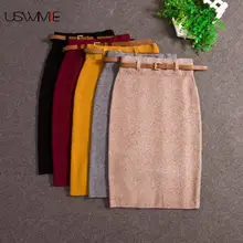 USWMIE Autumn Winter Casual Women High Waist Knee-length Knitted Pencil Skirt Elegant Slim Long Skirts High Quality Skirts Split