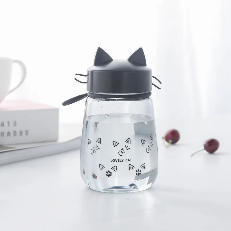 New Creative cute Cat water bottle Leakproof portable Sports plastic kettle Home office student picnic kettle kids water bottle - Цвет: Black