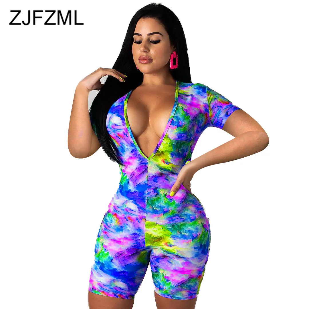 

Colorful Tie Dye Rompers Womens Jumpsuit Summer Deep V Neck Short Sleeve Party Bodysuit Casual Plus Size One Piece Short Overall