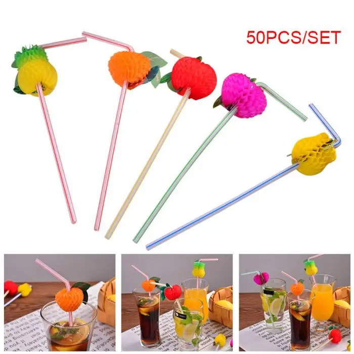 50 Pcs Disposable Straws 3D Paper Fruits Decor Drinking Straws for Cocktail Coffee Tea HYD88