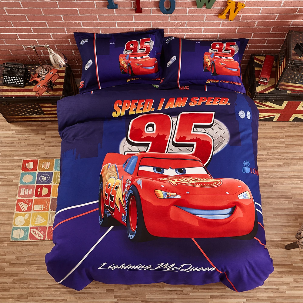 

Disney Mcqueen bedding set cartoon 95 car Duvet Cover Flat Sheet Pillow Cases Single Queen Size Bed Linen For Children