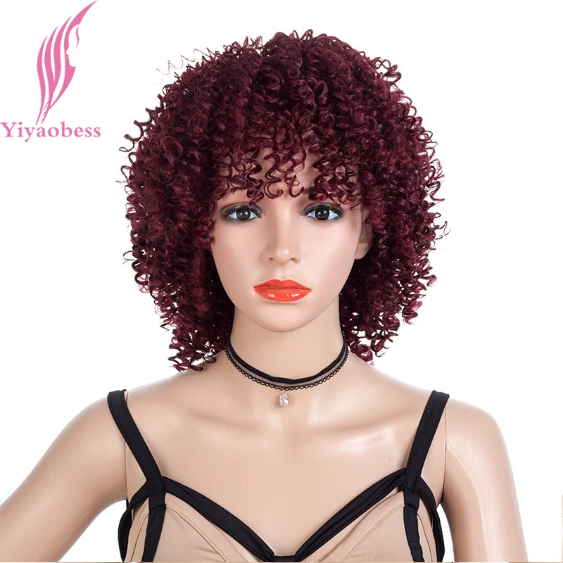 

Yiyaobess 16inch Wine Red Short Afro Kinky Curly Wig Synthetic Hair African American Wigs For Black Women