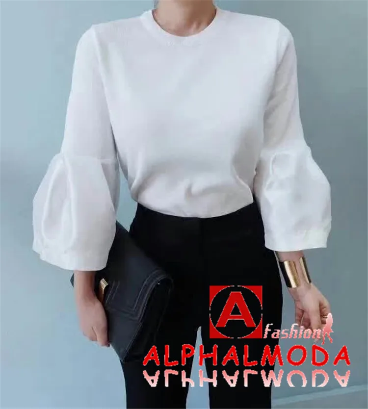 [ALPHALMODA] Babydoll, универсальный вязаный свитер с расклешенными рукавами, однотонный цвет, Женский Осенний Милый джемпер, Primery Bottom Sweater