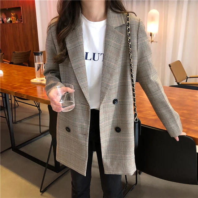 Office Ladies Notched Collar Plaid Women Blazer Double Breasted Autumn Jacket 2020 Casual Pockets Female Suits Coat -
