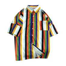 Womail, новинка, мужские летние модные рубашки, повседневные Разноцветные полосатые пляжные топы, Свободная блуза, мужская рубашка с коротким рукавом и карманом