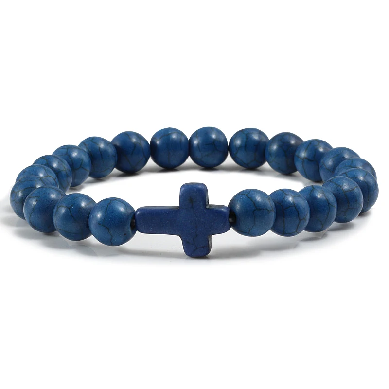 Fashion Men Natural Volcanic Stone Bracelet Classic Cross Beads Meditation Prayer Strand Bracelets Bangle for Women Yoga Jewelry - Окраска металла: Dark Blue