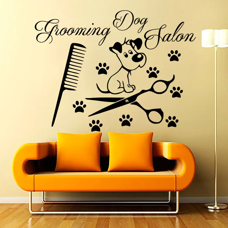 

ZOOYOO Grooming Dog Salon Wall Decals Vinyl Removable Paw Print Comb Shears And Cute Puppy Wall Stickers Living Room