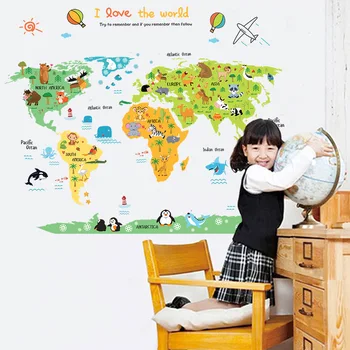 

Cartoon Colorful Animal World Map kid Stickers for Kids Rooms Growth Vinyl Map Wall Stickers Removable Home Decor Wall Paper