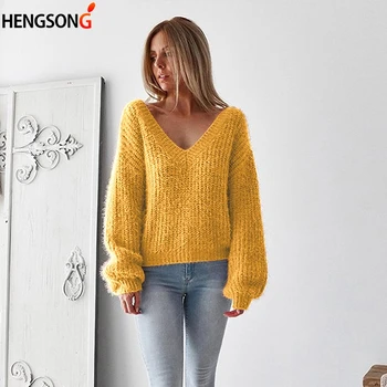 

New Fashion Women Sweaters Autumn Winter Long Sleeve Pullover Hot Sale Backless Lace Up Loose Sweater Solid V Neck Top