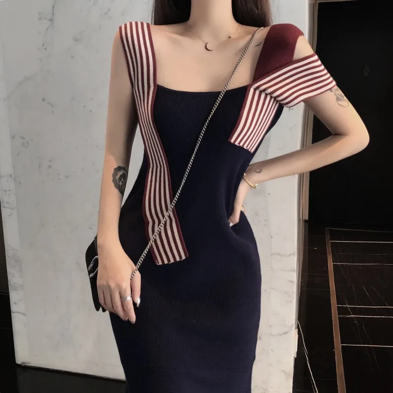 

New Fashion 2019 Women Striped stitching sleeveless Knitted Dresses Female casual slim mermaid ruffles Dress Vestido