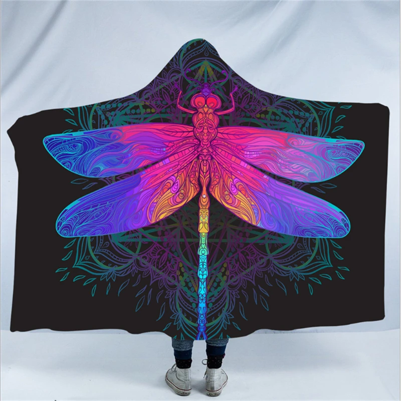 

Falling Pattern Dragonfly Hooded Blanket Sherpa Fleece Wearable Throw Blanket Adult Purple Pink Insect Bedding Hand Wash