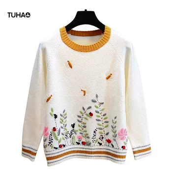 

TUHAO Beautiful Flower Embroidery Tops Knitted Pullover Women Sweaters Long Sleeve O-neck Sueter Mujer Invierno T70414