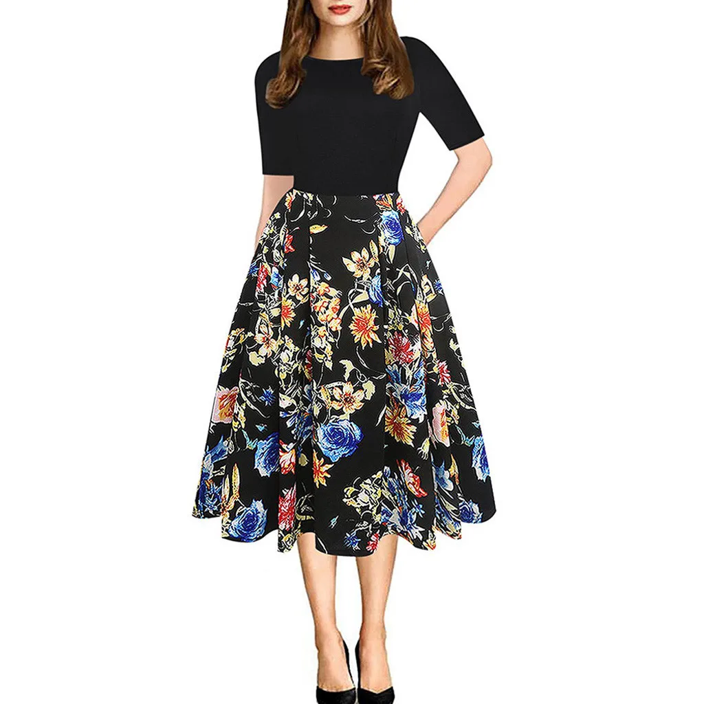 

Women's Half-Sleeved O-neck Solid Color Tops splice Floral Printed Dresses Vintage Evening Party Vestidos Casual Elegent Dress