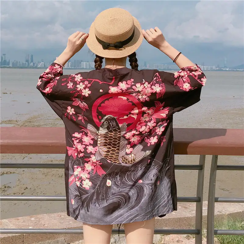 Neploe японский Harajuku кардиган женский кимоно пальто осень Половина рукава Одежда с вырезом рыбий цветочный принт Топы 34108