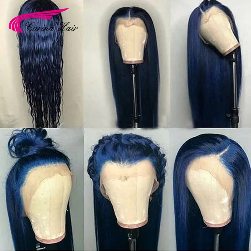 Carina Preplucked Colored Full Lace Wig Glueless Malaysian Straight Remy Dark Blue Lace Front Human Hair Wigs With Baby Hair