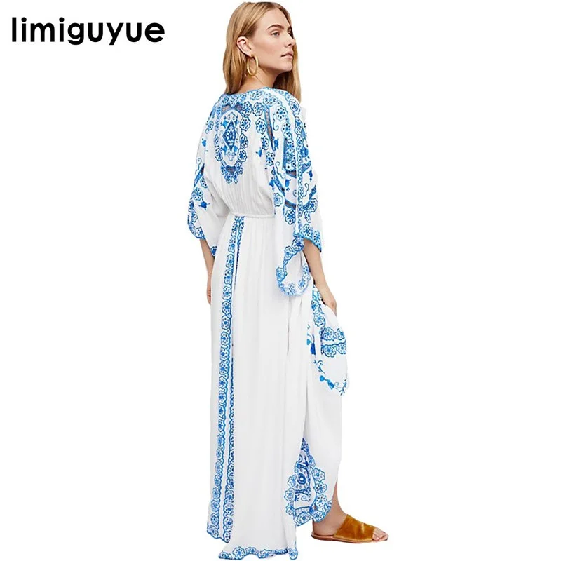 

limiguyue high quality long maxi embroidery dress women dress long sleeve hollow out bohemian people boho dress chic Z0808