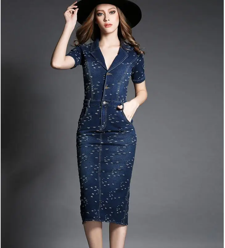 Новинка, модное женское длинное джинсовое платье, корейское тонкое сексуальное джинсовое платье с короткими рукавами и карманами, летнее повседневное женское джинсовое платье с дырками - Цвет: Denim Blue